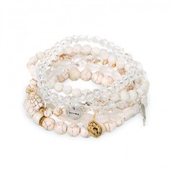 The clear, cream and white bracelets represent the 11th Project. 