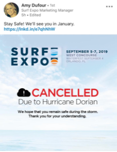 September 2019 Surf Expo cancelled due to Hurricane Dorian 