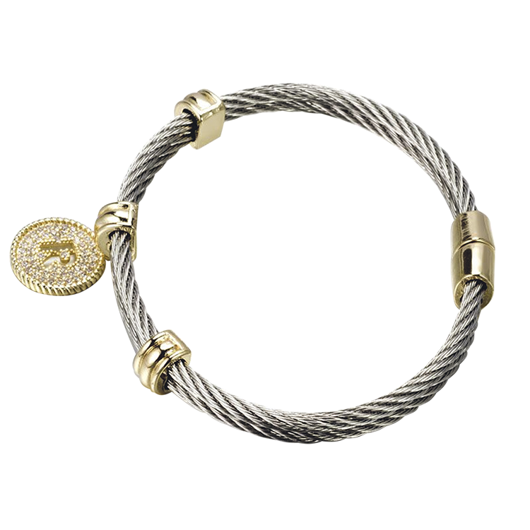 Stainless Steel Cable Bangle with Initial Charm 
															/ ZIRCONMANIA							