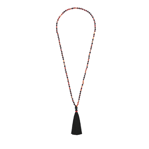 Red Threads Necklace with Black Tassel and Beads