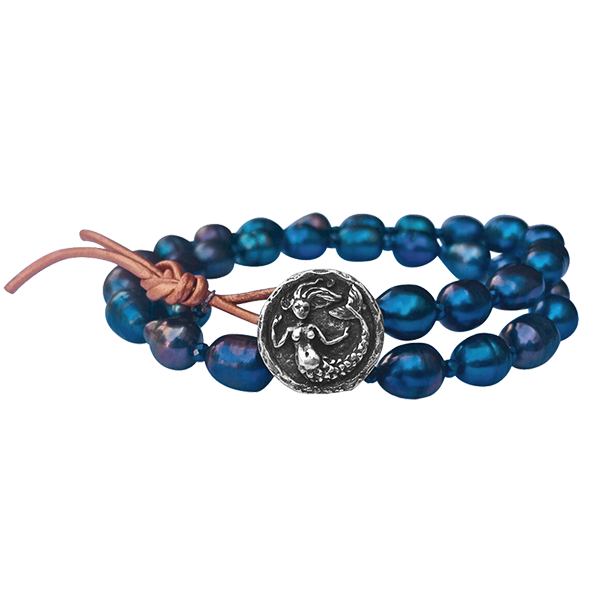 Fresh Water Pearl and Leather Wrap Bracelet with Mermaid Button