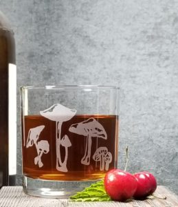 Mushroom Sand-carved Whiskey Glass from Monster Dance Designs