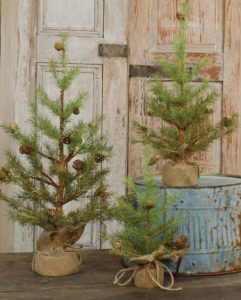 Feather Pine Trees make a great accent for the winter season. Trees feature wispy branches with pinecones and a burlap-wrapped base. Available in 12, 18 and 24 inches. 