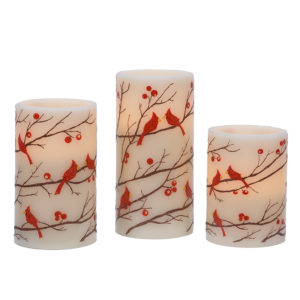 3-piece Flameless Glitter Cardinals & Berries Wax Pillar Set