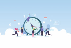 Graphic depicting people working around a clock