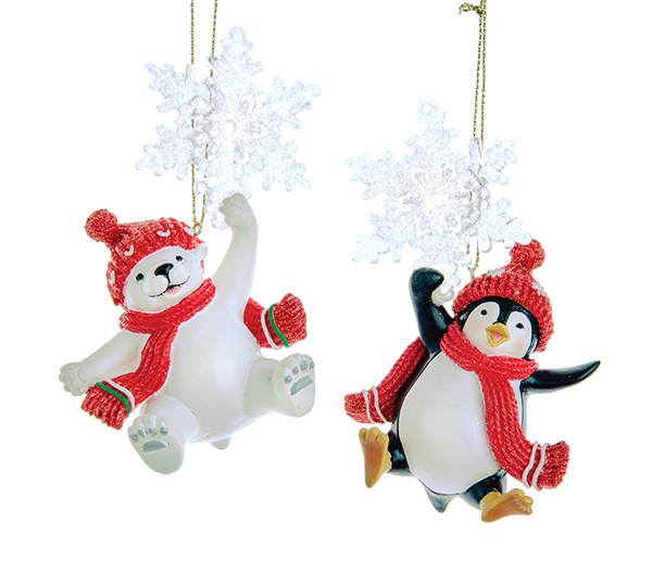 Playful Polar Bear and Penguin with Snowflakes Ornament