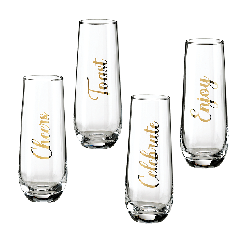 Set of 4 Stemless Champagne Glasses with Sayings