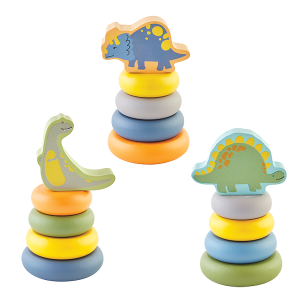 Four wooden stacking rings with dinosaur figurine topper from from Mud Pie