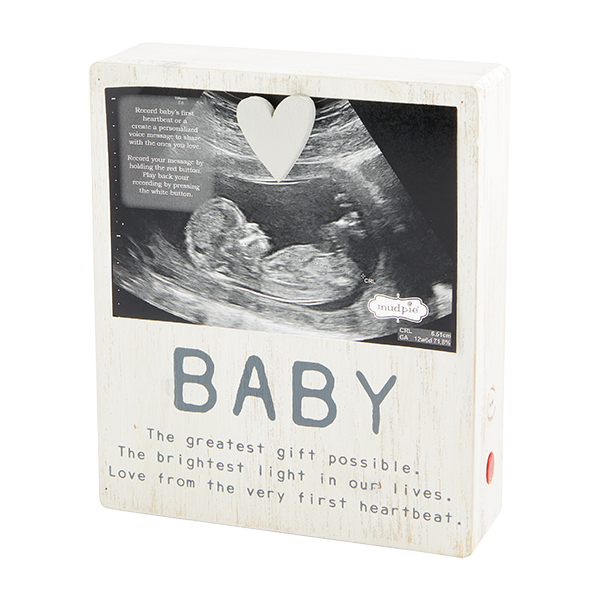 Mud Pie’s Ultrasound Recorder Frame holds a 4" x 6" photo with an included heart magnet and features side buttons to record and play the baby's heartbeat or sweet voice messages for loved ones.
