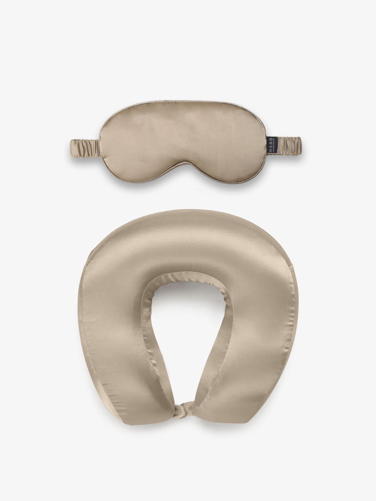 Taupe Satin Neck Pillow and Eyemask Set 
															/ Hang Accessories							