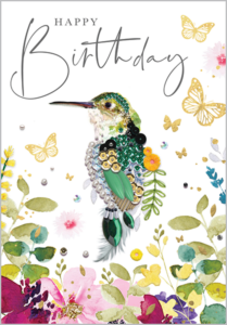 Distributed by Notes & Queries for Abacus Cards, this lovely card features brilliant gold foil and hand-applied gemstones. Features a hummingbird on the front. 