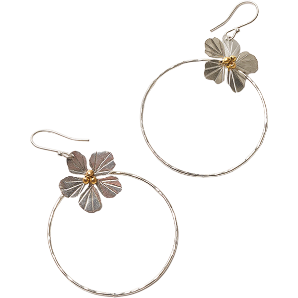 Sayuri Silver Hoop Earrings with Flower Charm