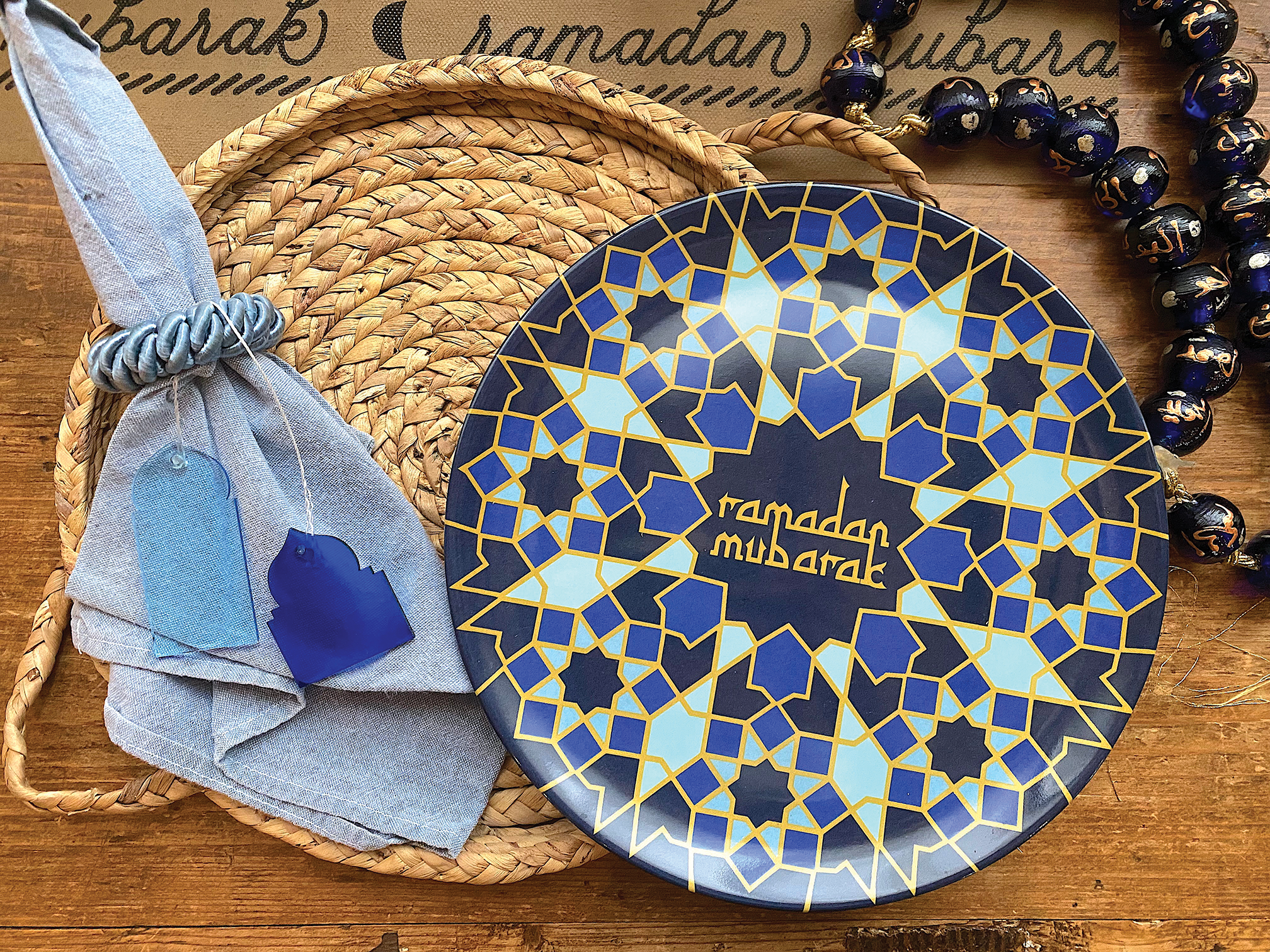 Ramadan Navy Geometric Melamine Dinner Plate Set.