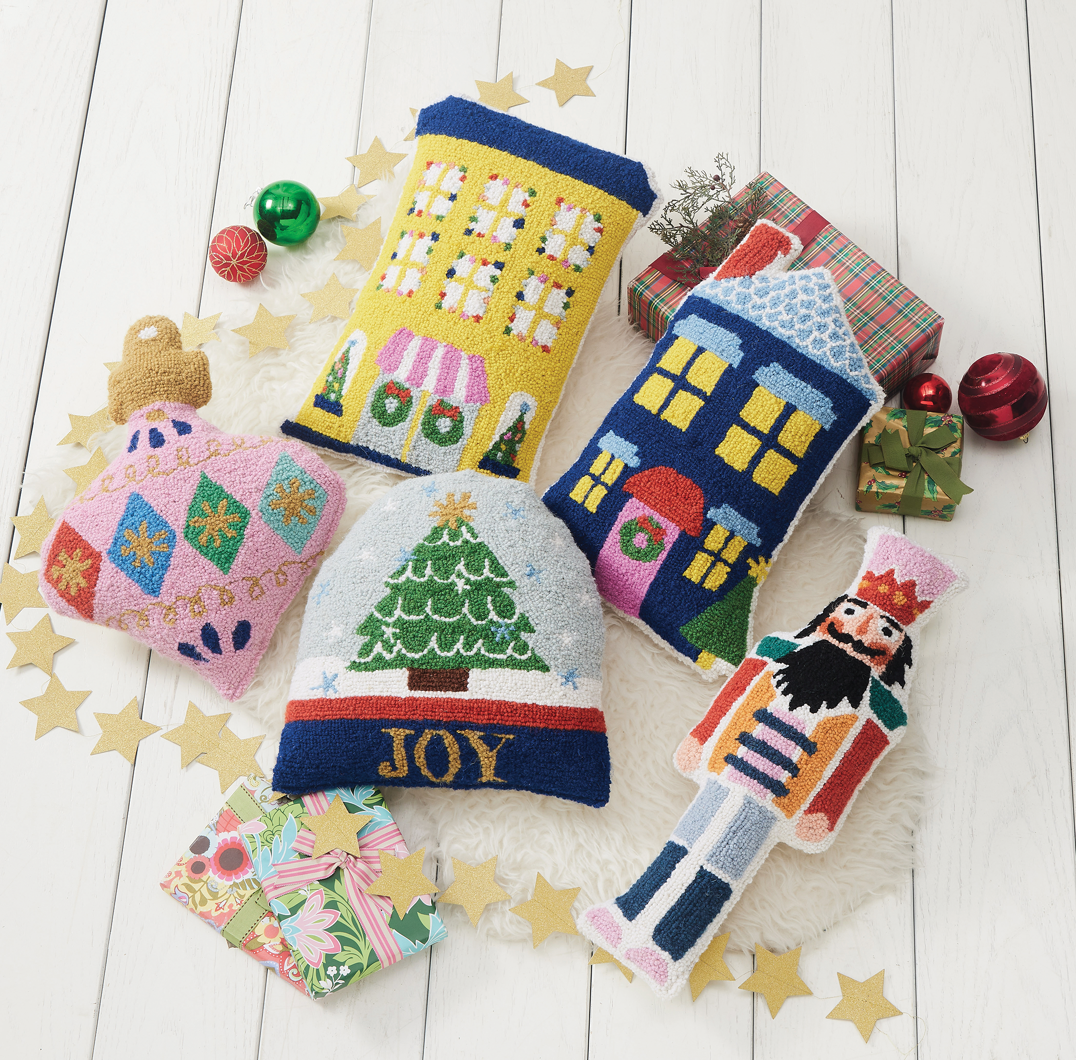  Shaped Pillows in Ornament, Yellow House, Blue House and Snow Globe. Peking Handicraft.